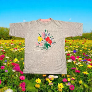 Vintage Alore Cotton Tee Shirt Raised Flower Art Womens Large Gray W/Pink Piping